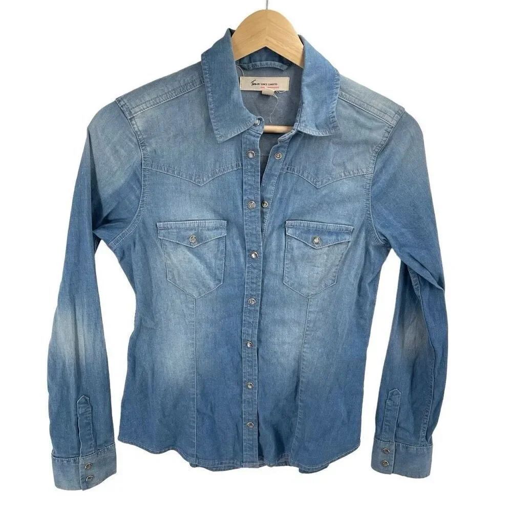 Vince Camuto Womens Western Shirt ChambrayβLong Sleeve Pearl Snap Blue Size XS